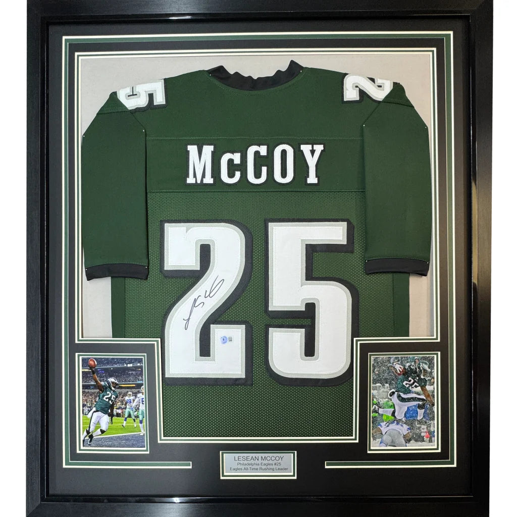 Professionally framed LeSean McCoy Eagles jersey with JSA COA and commemorative photos
