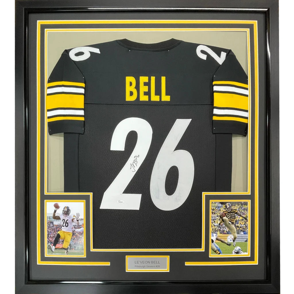 Framed signed Le’Veon Bell Steelers jersey with player photos for display