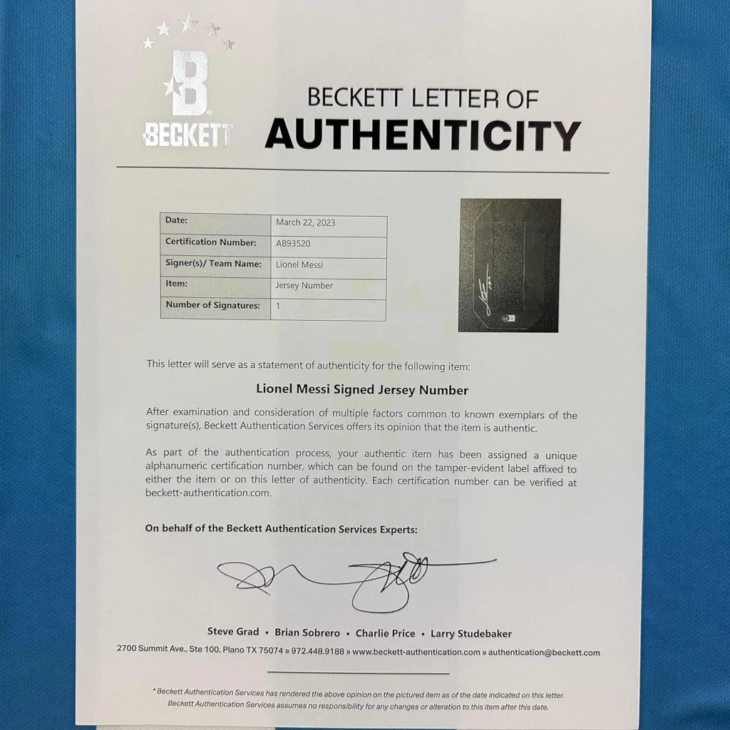 Beckett Certificate of Authenticity for Lionel Messi signed jersey product image