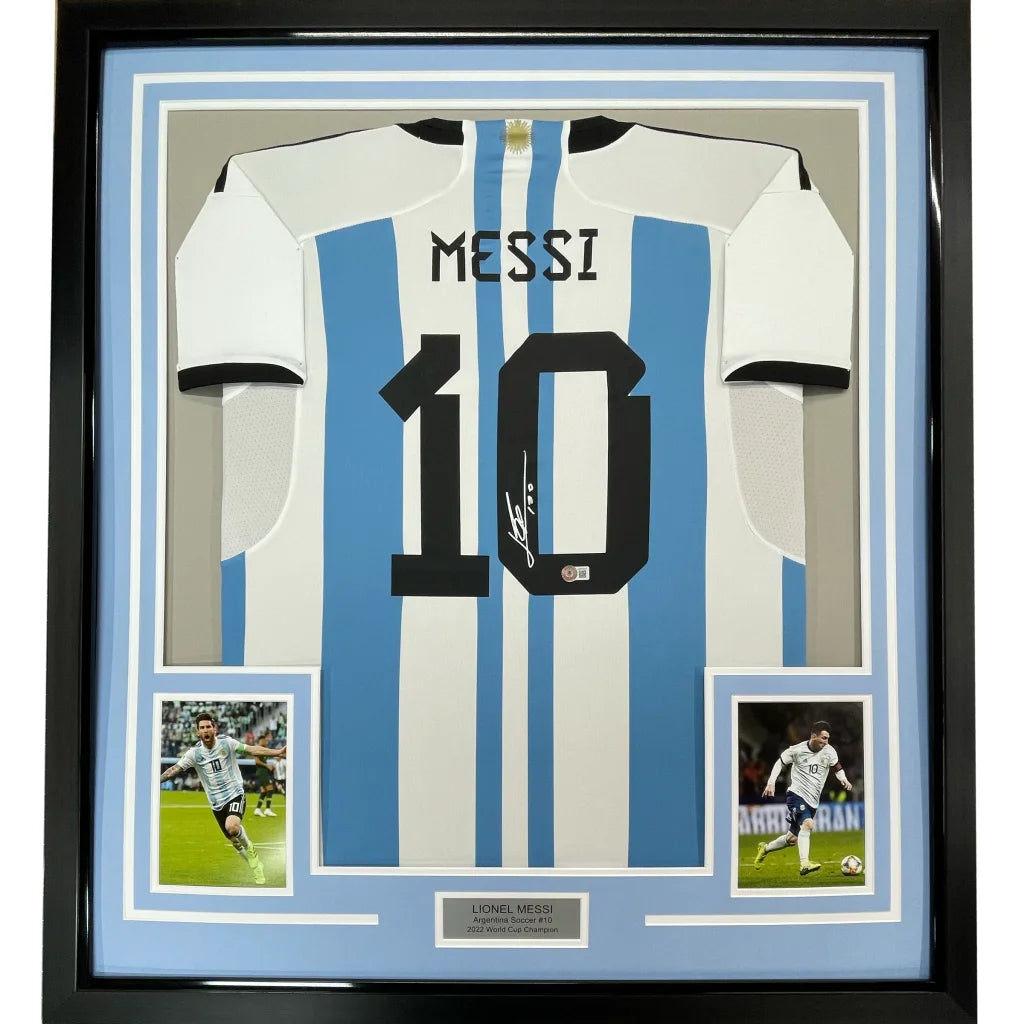Framed Lionel Messi signed jersey with two photos and a descriptive Beckett certificate