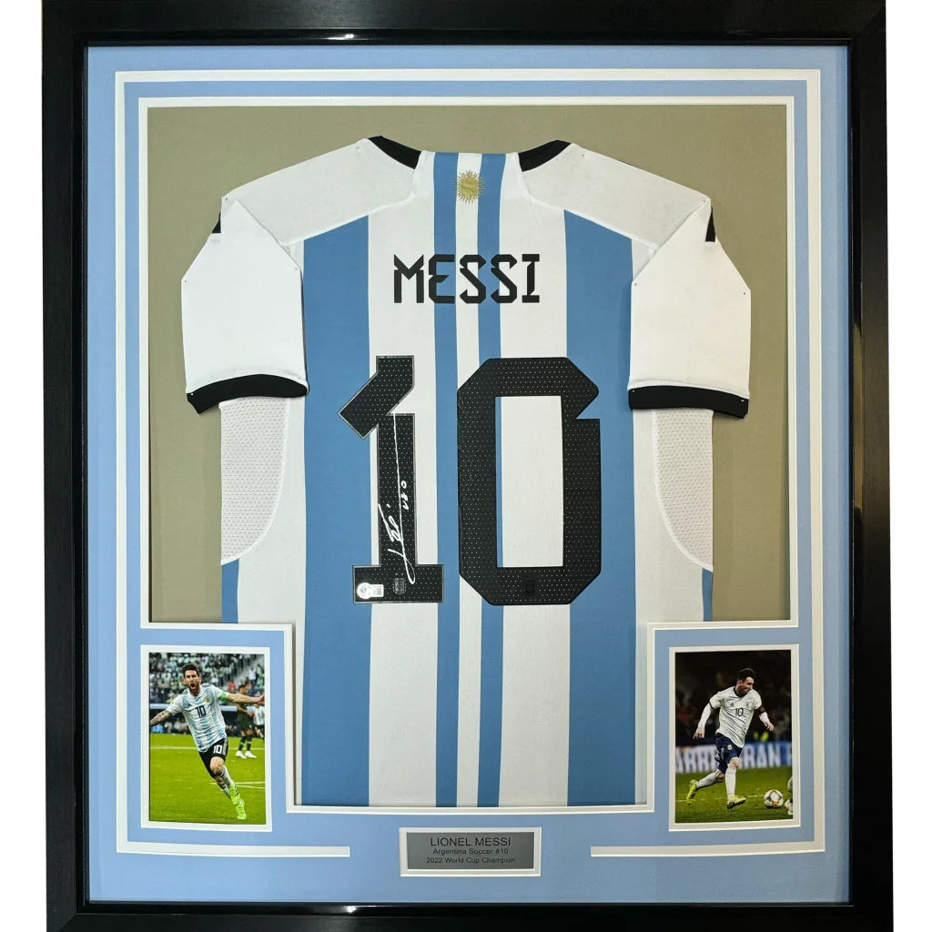 Framed Lionel Messi signed Argentina jersey with photos for the perfect man cave display