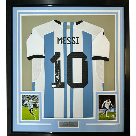 Framed Lionel Messi signed Argentina jersey with photos for the perfect man cave display