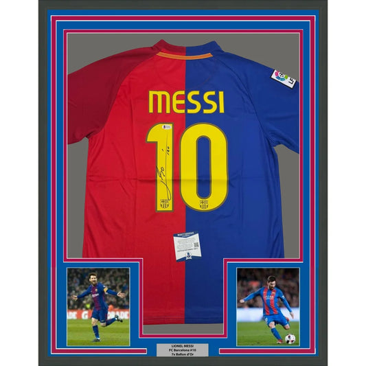 Professionally framed Lionel Messi FC Barcelona jersey with Beckett BAS COA and player photos