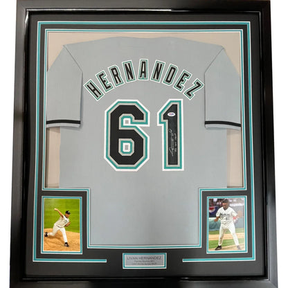 Gray Florida baseball jersey signed by Livan Hernandez with black and teal hernandez 61 on the back framed 35x39 inches
