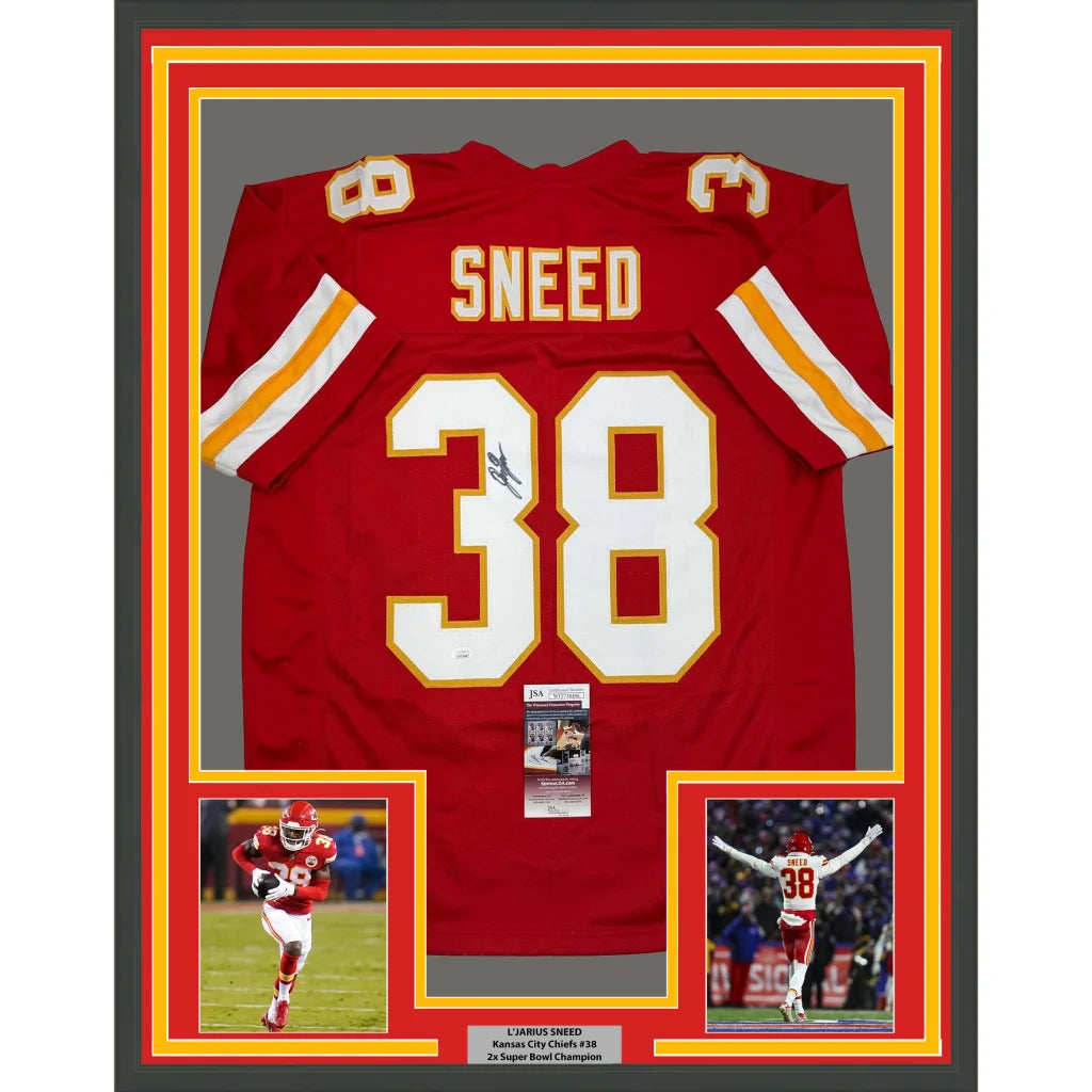 Framed autographed L’Jarius Sneed red Kansas City Chiefs jersey with Sneed 38