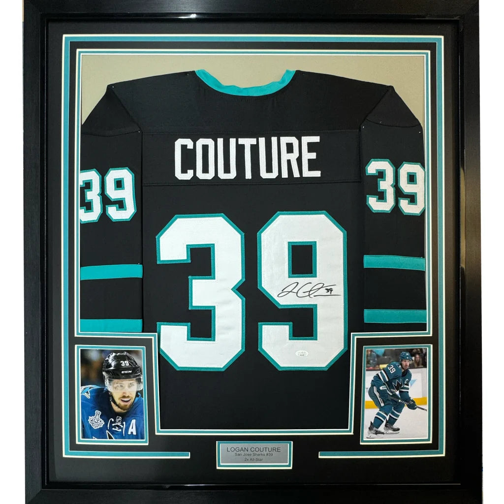 Framed Autographed Logan Couture 35x39 San Jose Black Hockey Jersey JSA COA | Hall of Fame Sports Memorabilia | vintageantiquesgifts.com