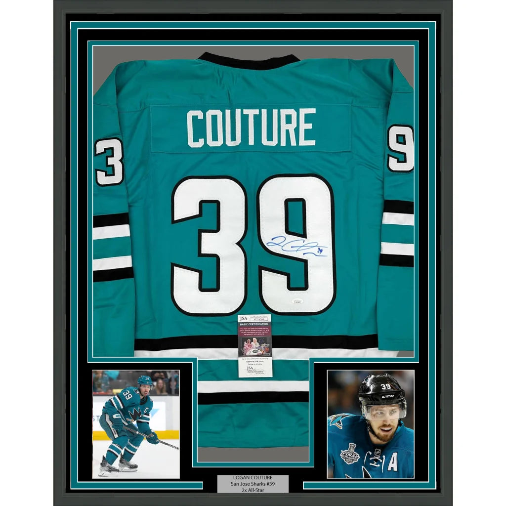 Framed Autographed Logan Couture 35x39 San Jose Teal Hockey Jersey JSA COA | Hall of Fame Sports Memorabilia | vintageantiquesgifts.com