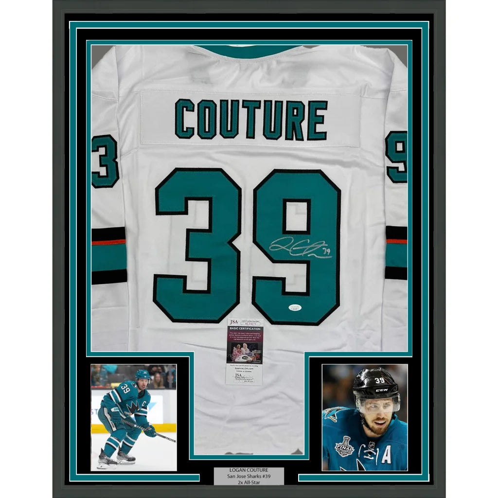 Framed Autographed Logan Couture 35x39 San Jose White Hockey Jersey JSA COA | Hall of Fame Sports Memorabilia | vintageantiquesgifts.com
