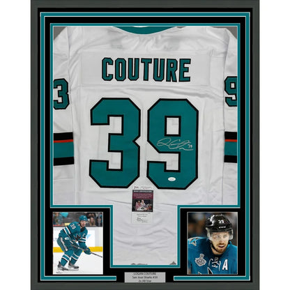 Framed Autographed Logan Couture 35x39 San Jose White Hockey Jersey JSA COA | Hall of Fame Sports Memorabilia | vintageantiquesgifts.com