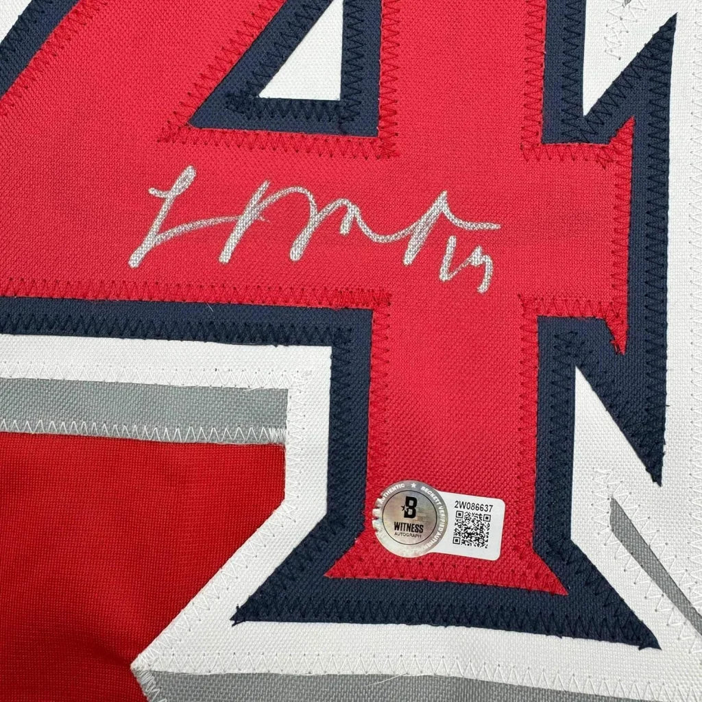 Framed Autographed Logan O'Hoppe 35x39 Los Angeles LA Anaheim Red Baseball Jersey Beckett BAS COA | Certified Authentic Signed Memorabilia | vintageantiquesgifts.com