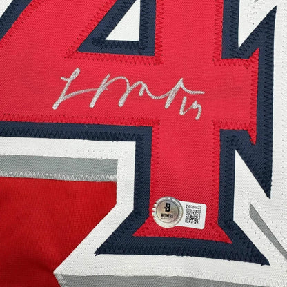Framed Autographed Logan O'Hoppe 35x39 Los Angeles LA Anaheim Red Baseball Jersey Beckett BAS COA | Certified Authentic Signed Memorabilia | vintageantiquesgifts.com