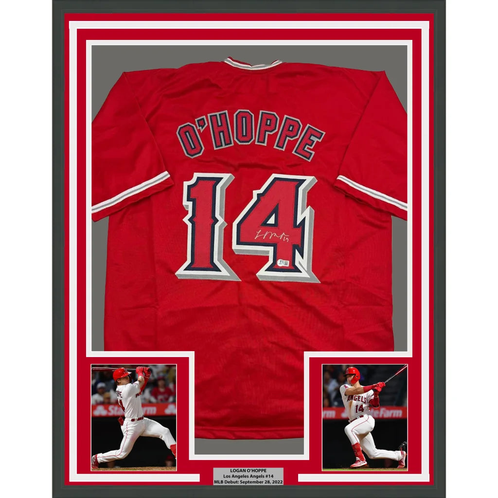 Framed Autographed Logan O'Hoppe 35x39 Los Angeles LA Anaheim Red Baseball Jersey Beckett BAS COA | Hall of Fame Sports Memorabilia | vintageantiquesgifts.com