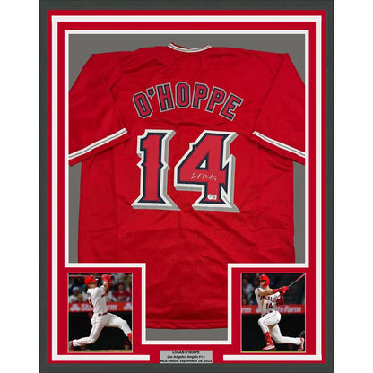 Framed Autographed Logan O'Hoppe 35x39 Los Angeles LA Anaheim Red Baseball Jersey Beckett BAS COA | Hall of Fame Sports Memorabilia | vintageantiquesgifts.com