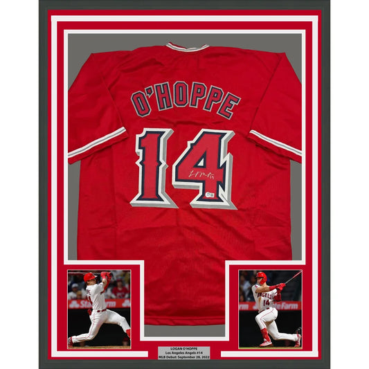 Framed Autographed Logan O'Hoppe 35x39 Los Angeles LA Anaheim Red Baseball Jersey Beckett BAS COA | Hall of Fame Sports Memorabilia | vintageantiquesgifts.com