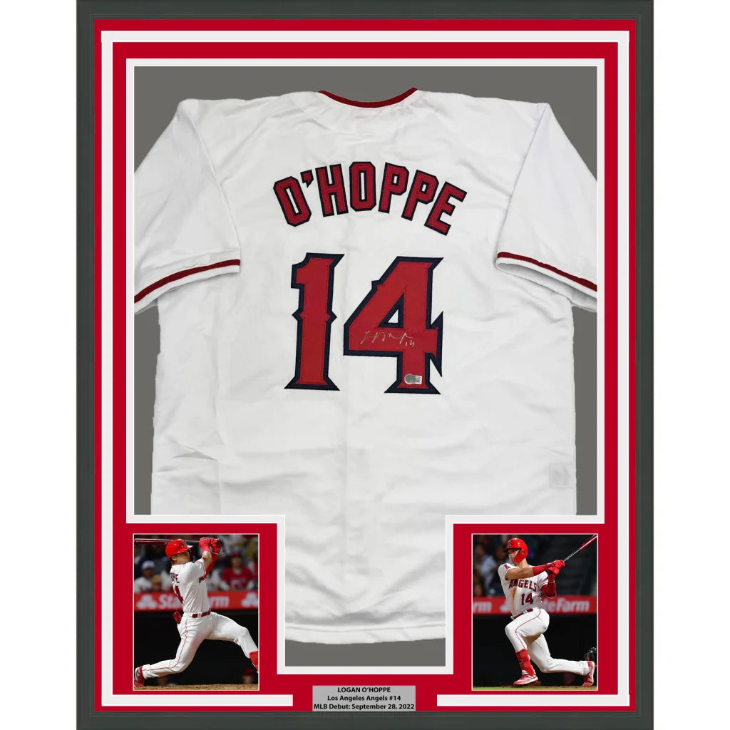 Framed Autographed Logan O'Hoppe 35x39 Los Angeles LA Anaheim White Baseball Jersey Beckett BAS COA | Hall of Fame Sports Memorabilia | vintageantiquesgifts.com