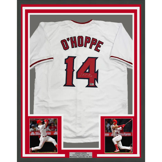 Framed Autographed Logan O'Hoppe 35x39 Los Angeles LA Anaheim White Baseball Jersey Beckett BAS COA | Hall of Fame Sports Memorabilia | vintageantiquesgifts.com