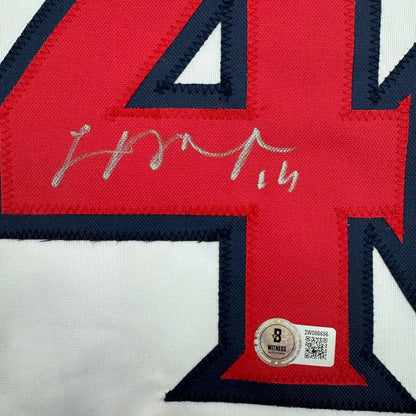 Framed Autographed Logan O'Hoppe 35x39 Los Angeles LA Anaheim White Baseball Jersey Beckett BAS COA | Certified Authentic Signed Memorabilia | vintageantiquesgifts.com