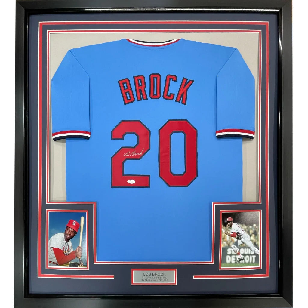 Framed Lou Brock signed Cardinals jersey with photos and JSA COA perfect man cave display