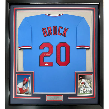 Framed Lou Brock signed Cardinals jersey with photos and JSA COA perfect man cave display