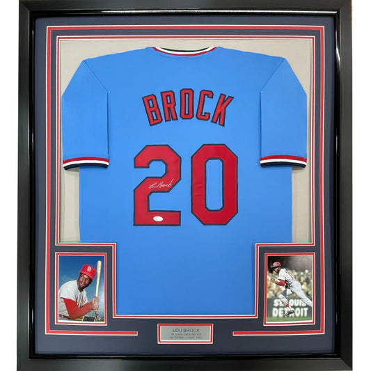 Framed Lou Brock signed Cardinals jersey with photos and JSA COA perfect man cave display