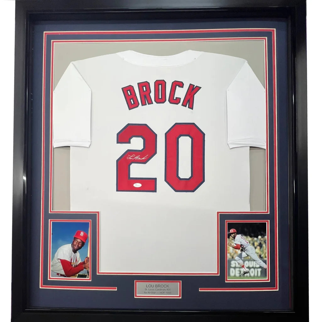 Framed Lou Brock #20 autographed jersey with photos and plaque for baseball fans