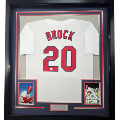 Framed Lou Brock #20 autographed jersey with photos and plaque for baseball fans