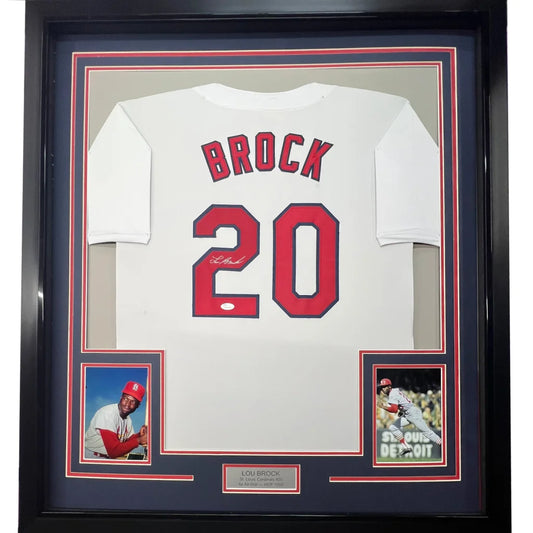 Framed Autographed Lou Brock 35x39 St. Louis White Baseball Jersey JSA COA | Hall of Fame Sports Memorabilia | vintageantiquesgifts.com