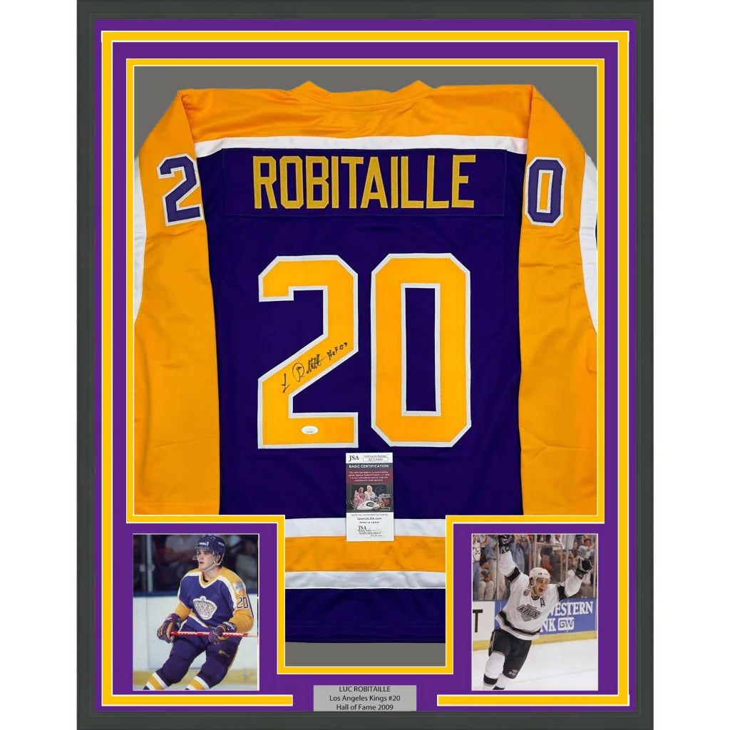 Framed signed Luc Robitaille LA Kings purple jersey with name and number 20