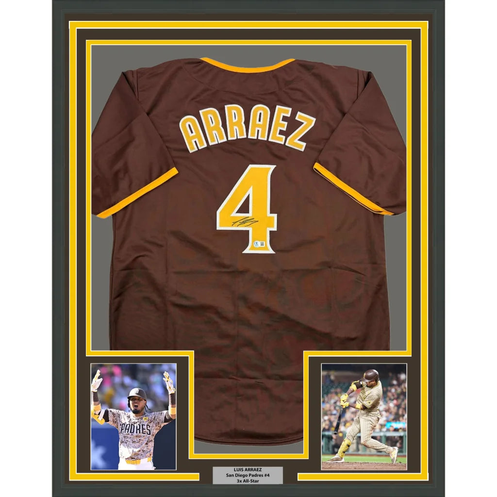 Framed autographed Luis Arraez brown San Diego Padres jersey with Arraez 4