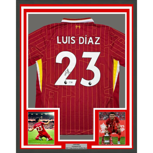 Framed signed Liverpool FC Luis Diaz 23 jersey with photos in premium frame