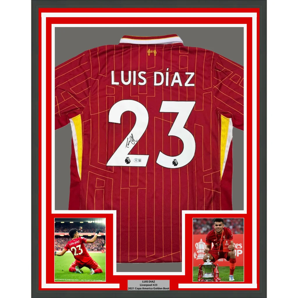 Framed autographed Luis Diaz red Liverpool FC jersey back with number 23