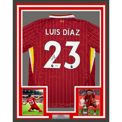 Framed autographed Luis Diaz red Liverpool FC jersey back with number 23