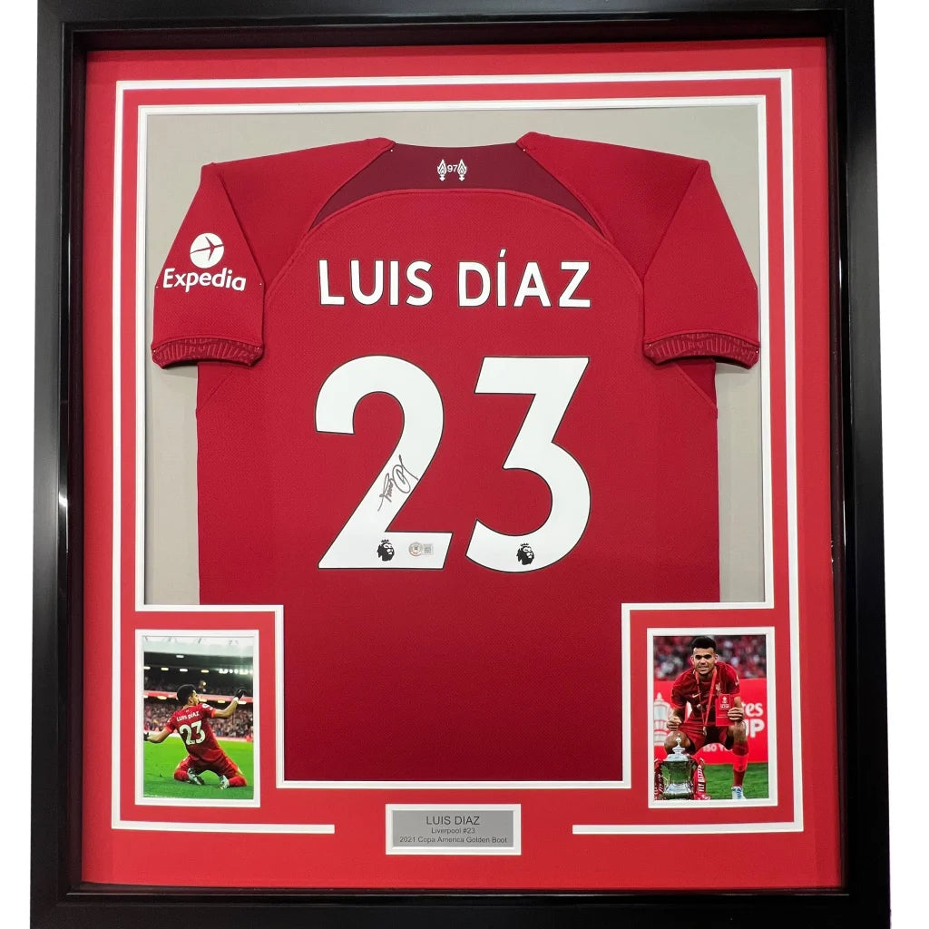 Framed Autographed Luis Diaz 35x39 Liverpool Red Soccer Jersey Beckett BAS COA | Hall of Fame Sports Memorabilia | vintageantiquesgifts.com
