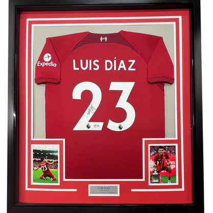 Framed Autographed Luis Diaz 35x39 Liverpool Red Soccer Jersey Beckett BAS COA | Hall of Fame Sports Memorabilia | vintageantiquesgifts.com