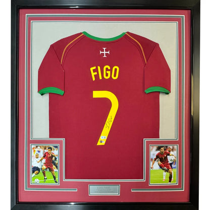Framed Luis Figo jersey with World Cup memorabilia and action photos, ready to display