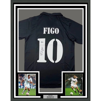 Framed signed Luis Figo Real Madrid jersey with action photos for fans and collectors