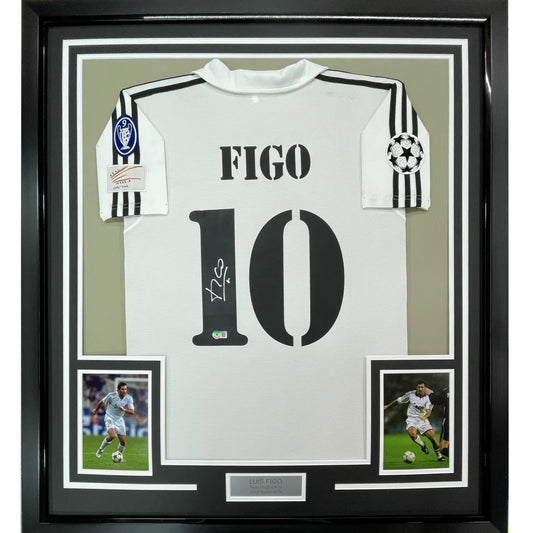 Framed white FIGO signed football jersey with black striped sleeves and number 10
