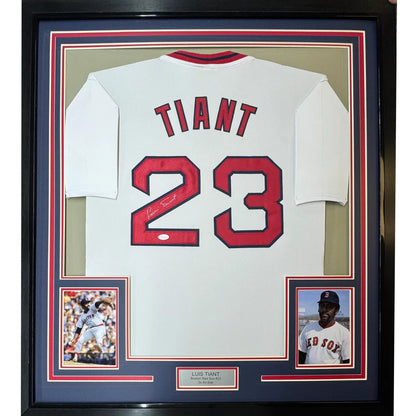 Framed Autographed Luis Tiant 35x39 Boston Red Sox White Baseball Jersey JSA COA | Hall of Fame Sports Memorabilia | vintageantiquesgifts.com