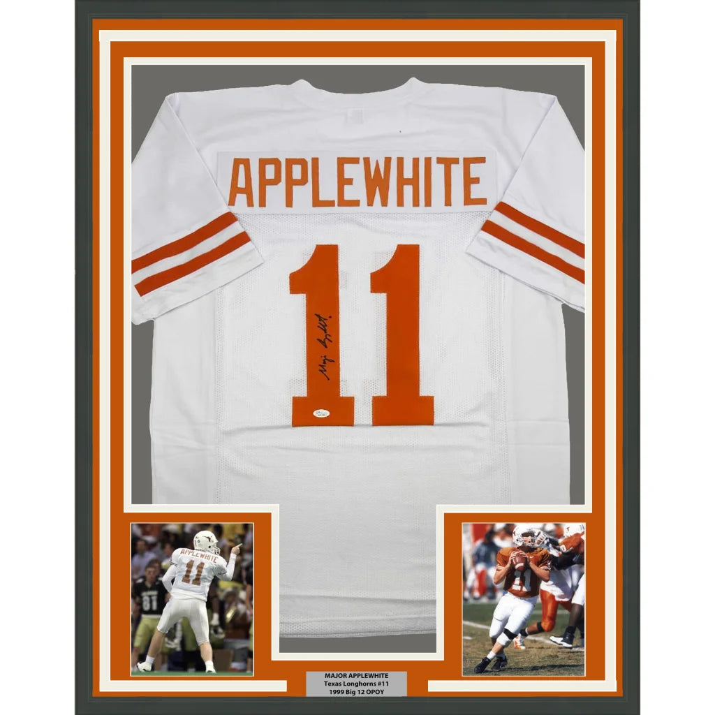 Framed Autographed Major Applewhite 35x39 Texas White College Football Jersey JSA COA | Hall of Fame Sports Memorabilia | vintageantiquesgifts.com