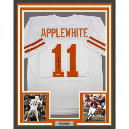 Framed Autographed Major Applewhite 35x39 Texas White College Football Jersey JSA COA | Hall of Fame Sports Memorabilia | vintageantiquesgifts.com