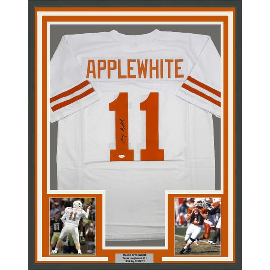Framed Autographed Major Applewhite 35x39 Texas White College Football Jersey JSA COA | Hall of Fame Sports Memorabilia | vintageantiquesgifts.com