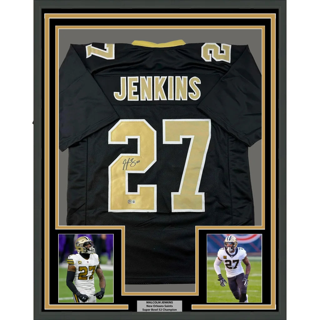 Framed Autographed Malcolm Jenkins 35x39 New Orleans Black Football Jersey Beckett BAS COA | Hall of Fame Sports Memorabilia | vintageantiquesgifts.com