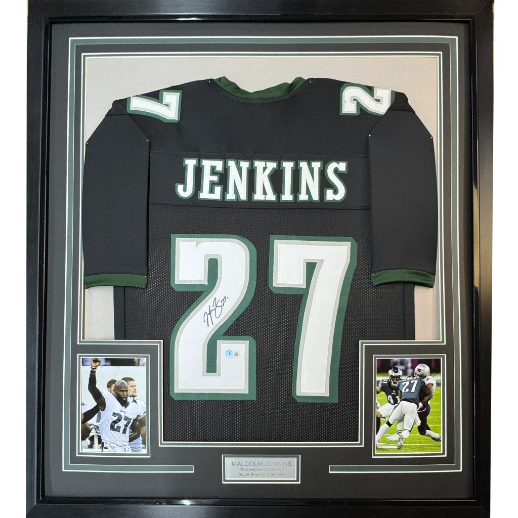 Framed Autographed Malcolm Jenkins 35x39 Philadelphia Black Football Jersey Beckett BAS COA | Hall of Fame Sports Memorabilia | vintageantiquesgifts.com