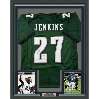 Framed Autographed Malcolm Jenkins 35x39 Philadelphia Green Football Jersey Beckett BAS COA | Hall of Fame Sports Memorabilia | vintageantiquesgifts.com
