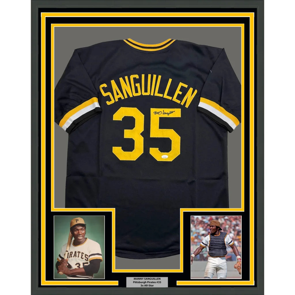 Framed autographed Manny Sanguillen Pittsburgh black jersey back with SANGUILLEN 35 JSA COA