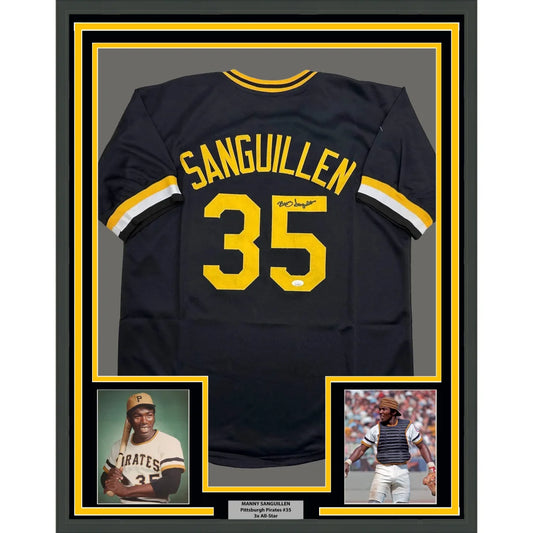 Framed Autographed Manny Sanguillen 35x39 Pittsburgh Black Baseball Jersey JSA COA | Hall of Fame Sports Memorabilia | vintageantiquesgifts.com