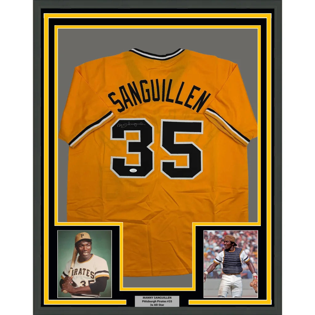 Framed Autographed Manny Sanguillen 35x39 Pittsburgh Yellow Baseball Jersey JSA COA | Hall of Fame Sports Memorabilia | vintageantiquesgifts.com