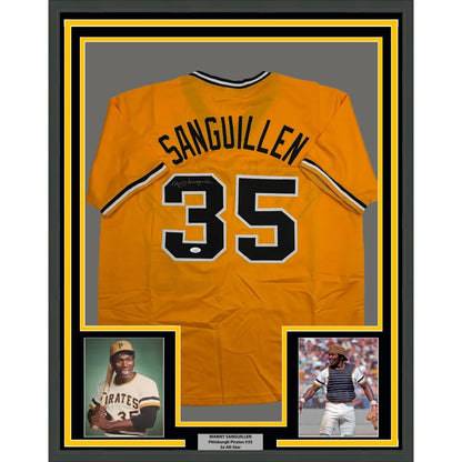 Framed Autographed Manny Sanguillen 35x39 Pittsburgh Yellow Baseball Jersey JSA COA | Hall of Fame Sports Memorabilia | vintageantiquesgifts.com