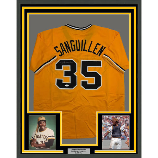 Framed Autographed Manny Sanguillen 35x39 Pittsburgh Yellow Baseball Jersey JSA COA | Hall of Fame Sports Memorabilia | vintageantiquesgifts.com