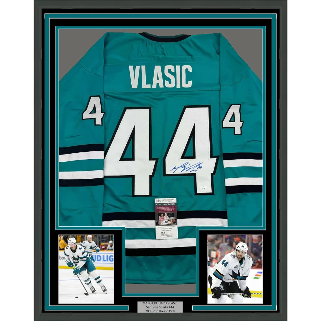 Framed Autographed Marc-Edouard Vlasic 35x39 San Jose Teal Hockey Jersey JSA COA | Hall of Fame Sports Memorabilia | vintageantiquesgifts.com